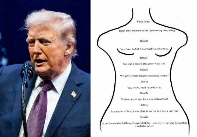 왼쪽은 도널드 트럼프 미국 대통령, 오른쪽은 2003년 트럼프가 미성년자 성착취범인 제프리 엡스타인에게 보낸 생일 축하 편지에 그려져 있다고 보도된 그림.