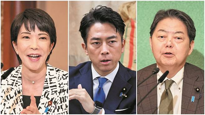 자민당 차기 총재 유력 후보 다카이치 사나에(64) 전 경제안전보장상과 고이즈미 신지로(44) 농림상, 하야시 요시마사(64) 관방장관./로이터 연합뉴스