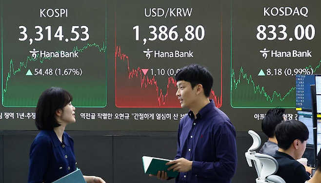 10일 서울 중구 하나은행 딜링룸 현황판에 코스피·코스닥 지수 등이 표시돼 있다. ⓒ연합뉴스