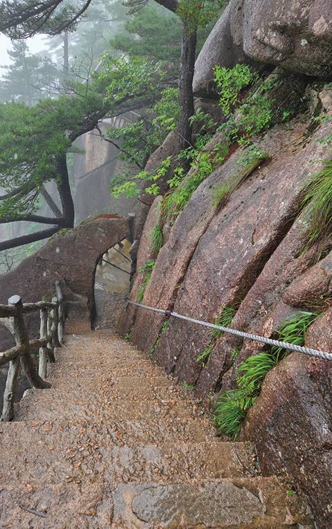 절벽에 꼭 붙어 만들어진 계단을 따라 황산에 오를 수 있다.