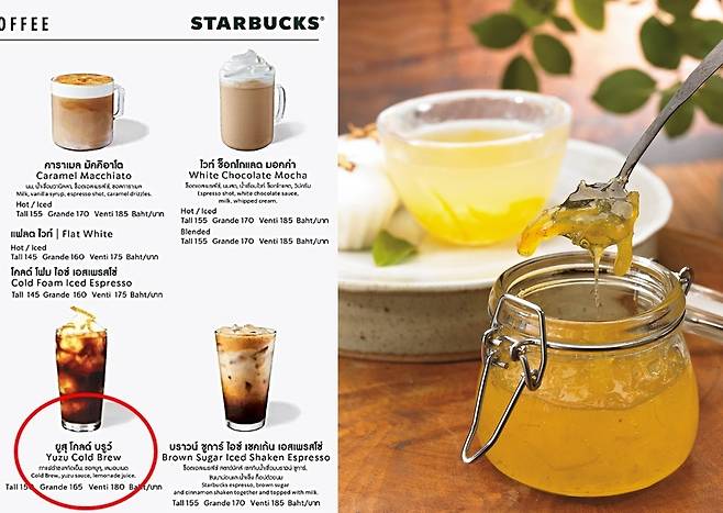 방콕 스타벅스 메뉴판에 적힌 일본식 ‘유주’ 콜드브루(왼쪽), 유자차 [방콕 스타벅스 홈페이지, 게티이미지뱅크]