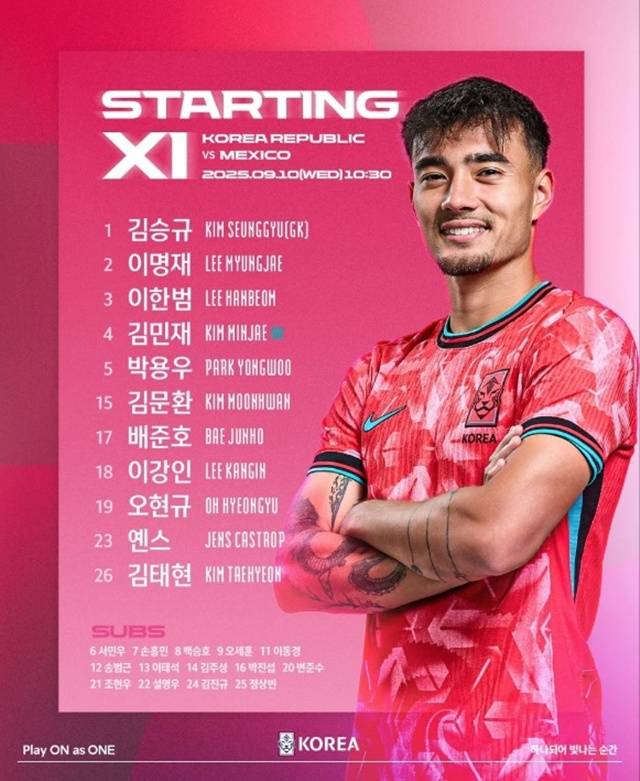 한국의 선발 명단. /사진=대한축구협회 제공