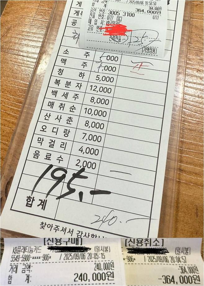 대게 집에서 받은 영수증 [온라인 커뮤니티 갈무리. 재판매 및 DB 금지]