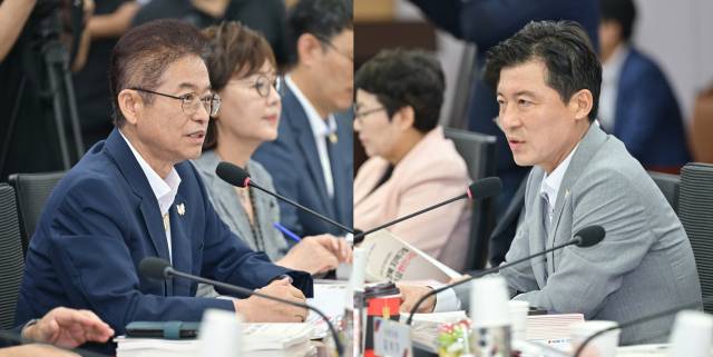 이철우 경북도지사와 구자근 경북도당위원장이 11일 오전 국회에서 열린 예산정책협의회에 발언을 이어가고 있다. 경북도 제공