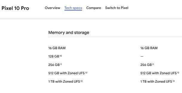 구글 스마트폰 픽셀10 프로 및 픽셀10 프로XL 스펙.(사진=구글 홈페이지 캡처)