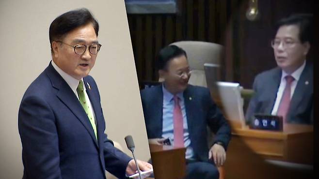 우원식 국회의장과 송언석 국민의힘 원내대표 [우측 사진: '미디어몽구' 영상 갈무리]