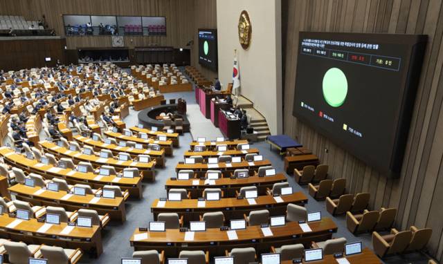 ▲ 11일 국회 본회의에서 상정된 ‘더센 특검법(3대 특검법 개정안)’ 중 순직 해병 특검법 개정안에 대한 수정안이 통과되고 있다. 연합뉴스