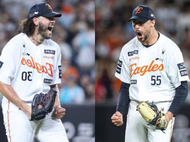 한화 이글스의 15승 투수인 코디 폰세(왼쪽)와 라이언 라이스. 한화 제공