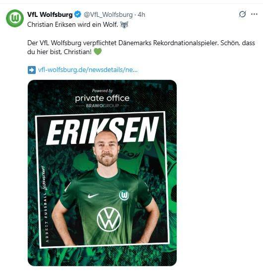 에릭센의 영입을 알린 볼프스부르크.