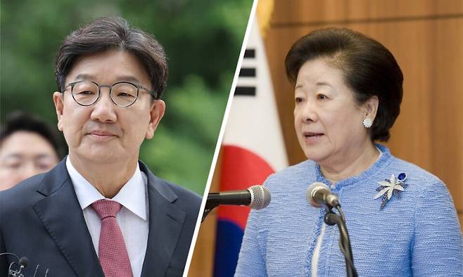 (왼쪽부터)권성동 국민의힘 의원과 한학자 세계평화통일가정연합선교회(통일교) 총재. ⓒ연합뉴스·시사저널 양선영 디자이너