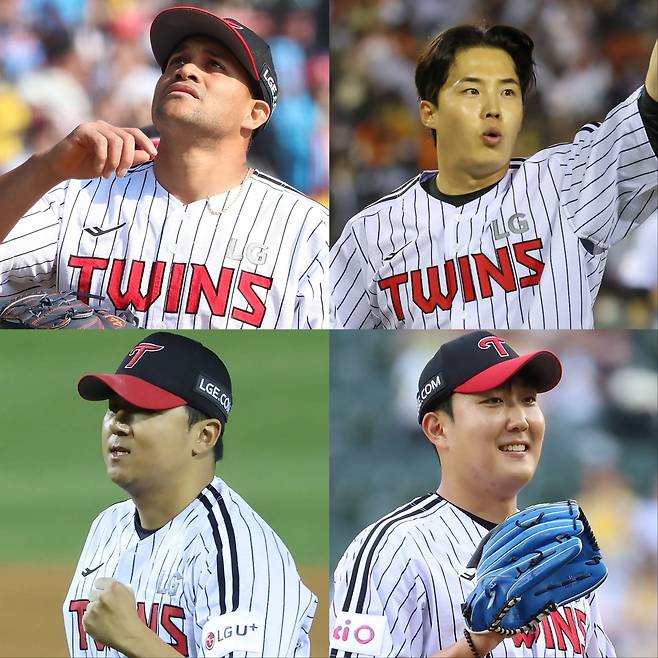 LG는 1994시즌 이후 31년 만에 10승 선발투수 4명을 보유하게 됐다. 요니 치리노스, 임찬규, 손주영, 송승기(시계 방향)가 그 주인공이다. 사진제공｜LG 트윈스