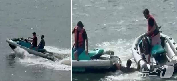 푸에르토리코의 산후안 항구로 들어오던 로열 캐리비안 크루즈에서 뛰어내린 제이 곤잘레스 디아즈가 구조되는 모습. (사진=CBS NEWS)