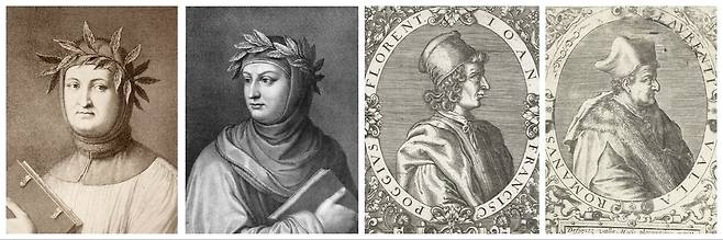 이탈리아 르네상스 시기의 지식인들. 왼쪽부터 차례로, 프란체스코 페트라르카 (1304~1374), 조반니 보카치오 (1313~1375), 포초 브라촐리니 (1380~1459), 로렌초 발라 (1407~1457). 위키미디어 코먼스