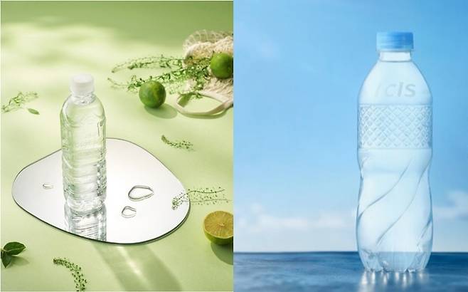 무라벨 페트병인 제주삼다수(왼쪽), 롯데칠성음료 아이시스 [각사 제공]