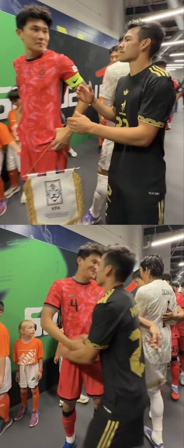 김민재(왼쪽)에게 인사를 건네는 이르빌 로사노. /사진=멕시코축구협회 SNS