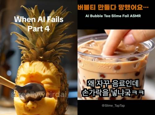 (좌)숟가락으로 과일을 뭉개는 AI의 실수 (우)빨대 대신 손으로 버블티를 만지는 AI [틱톡 'reallyweirdai', 인스타그램 'slime_taptap' 캡처. 재판매 및 DB 금지]