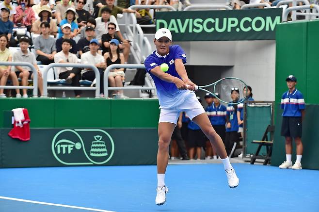 권순우의 12일 데이비스컵 경기 모습.  [대한테니스협회 제공. 재판매 및 DB 금지]