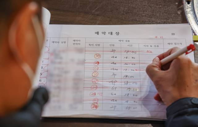 노쇼는 예약한 고객이 나타나지 않는 예약 부도를 일컫는 말이다. 반면 ‘노쇼 사기’는 공공기관 등의 관계자를 사칭해 돈을 뜯어내는 조직적인 사기 범죄로 자영업자 등 소상공인들에게 큰 피해를 입힌다. 부산의 한 식당 관계자가 예약 명부를 작성하고 있다. 부산일보DB