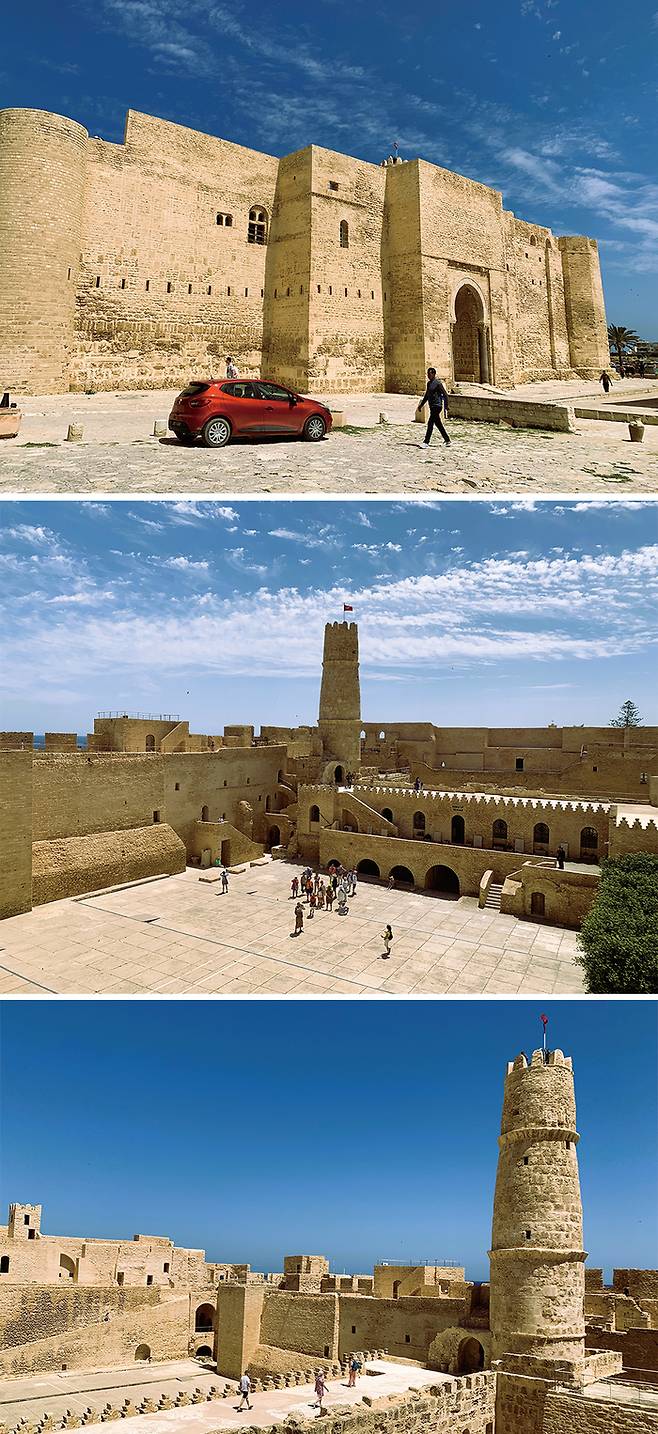 (위로부터)796년에 건설된 모나스티르 리바트(Ribat, 무장 수도원) 외부 전경, 네 채의 건물로 구성된 리바트 내부 전경, 도시와 해변 전망을 즐길 수 있는 리바트 탑