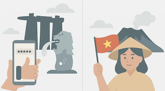 싱가포르 관광객의 유네스코 투어(왼쪽), 베트남 젊은 층의 캠핑 체험을 대비해 국가별 다른 전환 패턴을 상징적으로 표현한 이미지.