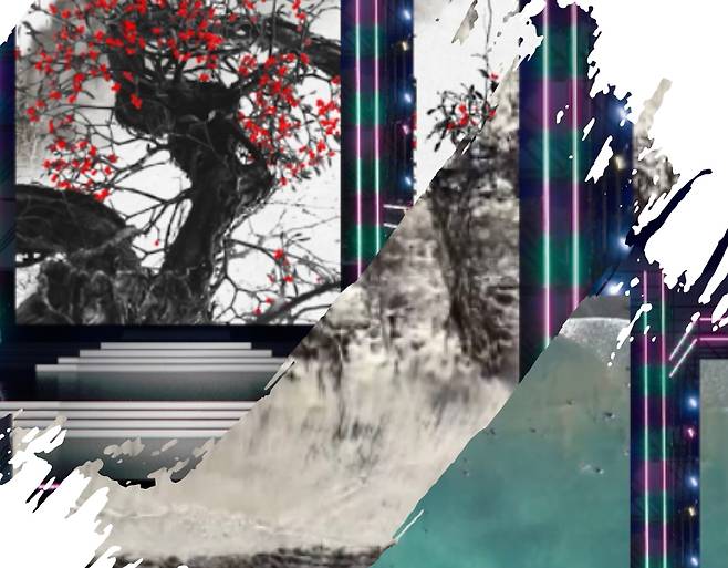 입제창 무대 데모 영상 캡처 편집본. 제주의 바다, 겨울 숲, 파도, 붉은 겨우살이 등 정상기 작가의 풍경이 LED 전광판에 투사돼 무대 자체를 재구성한다. (작가 제공)