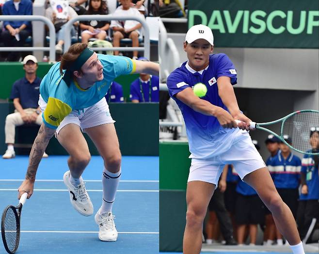 권순우(사진 오른쪽)와 부블리크의 경기 장면. 대한테니스협회 제공