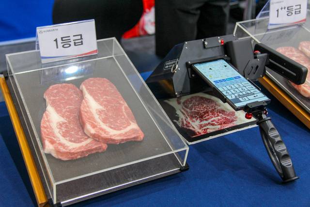 11일 ‘2025 한국국제축산박람회’ 축산물품질평가원 부스에서는 인공지능(AI)을 활용한 한우고기 등급 판정 과정을 홍보하고 있다.