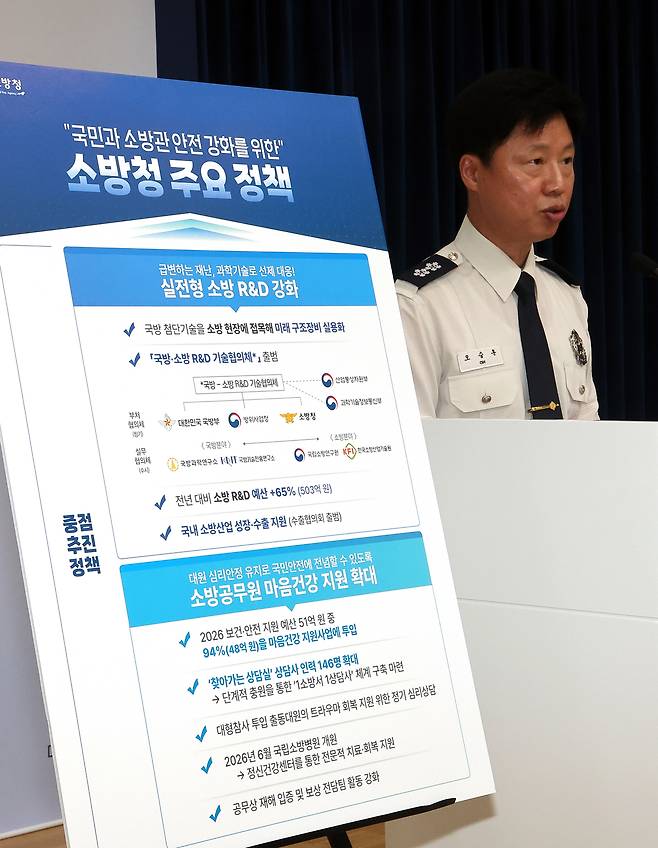 오승훈 소방청 기획조정관이 지난 9월9일 정부세종청사에서 ‘국민과 소방관 안전 강화를 위한 소방청 주요 정책’을 브리핑하고 있다. 세종=연합뉴스