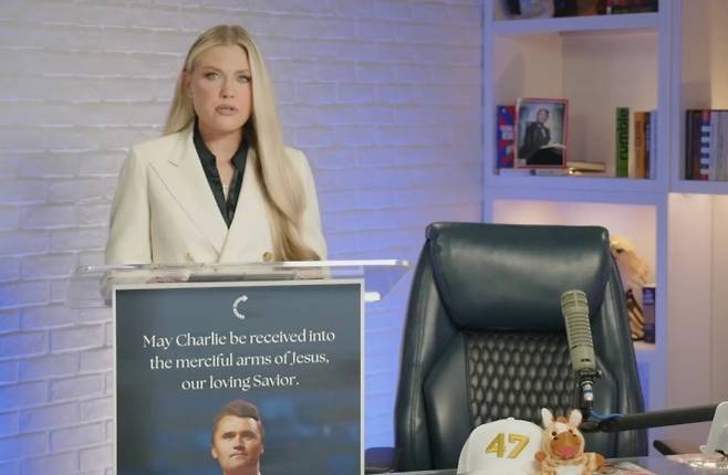 남편 죽음에 대해 입장을 밝히는 부인 에리카 커크. 터닝포인트 USA 캡처