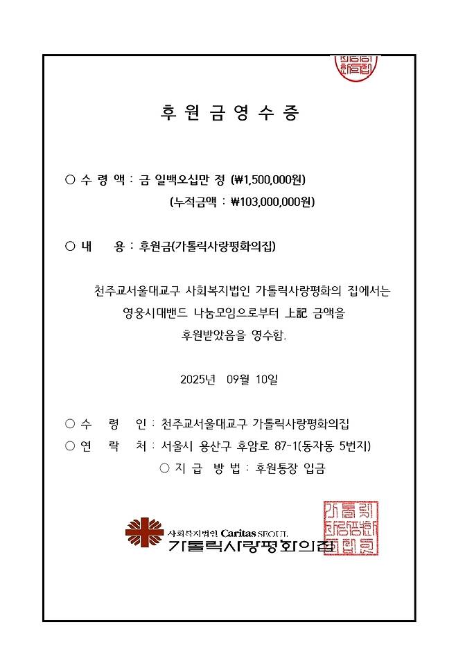 임영웅 팬클럽 영웅시대밴드(나눔 모임), 77번째 쪽방촌 도시락 봉사..감사패