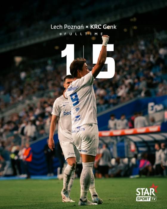 지난달 폴란드 포즈난의 에니아 스타디온에서 열린 레흐 포즈난(폴란드)과 2025~2026시즌 유럽축구연맹(UEFA) 유로파리그(UEL) 플레이오프(PO) 1차전에서 득점한 오현규(9번)가 오른손을 치켜세우고 있다. /사진=KRC 헹크 공식 사회관계망서비스(SNS)