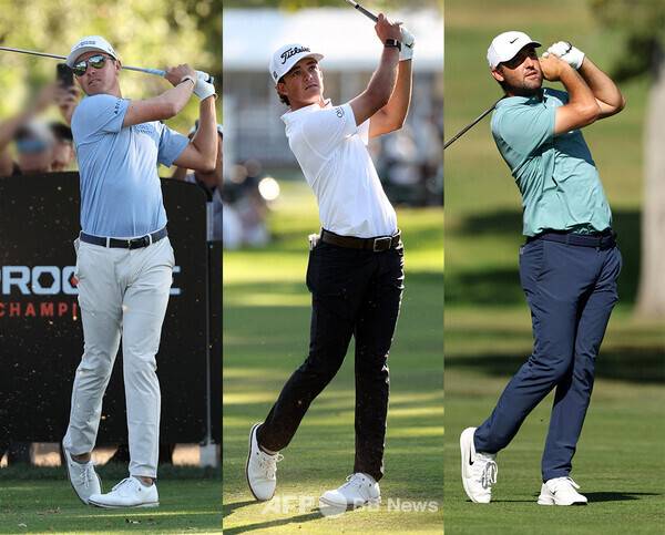 2025년 미국프로골프(PGA) 투어 페덱스컵 가을 시리즈 프로코어 챔피언십 우승 경쟁에 뛰어든 벤 그리핀, 아마추어 선수 잭슨 코이번, 세계랭킹 1위 스코티 셰플러가 3라운드에서 경기하는 모습이다. 사진제공=ⓒAFPBBNews = News1