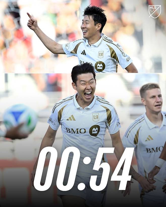 LAFC 손흥민이 14일 새너제이와의 2025 MLS 정규리그 30라운드 경기서 킥오프 54초 만에 선제골을 터뜨리고 환호하고 있다. 사진=MLS SNS