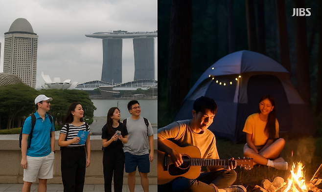 싱가포르 관광객의 유네스코 투어와 베트남 젊은 층의 캠핑 체험을 대비해, 국가별 다른 전환 패턴을 형상화한 이미지. 제주 관광이 맞닥뜨린 차별화 전략의 필요성을 상징한다.