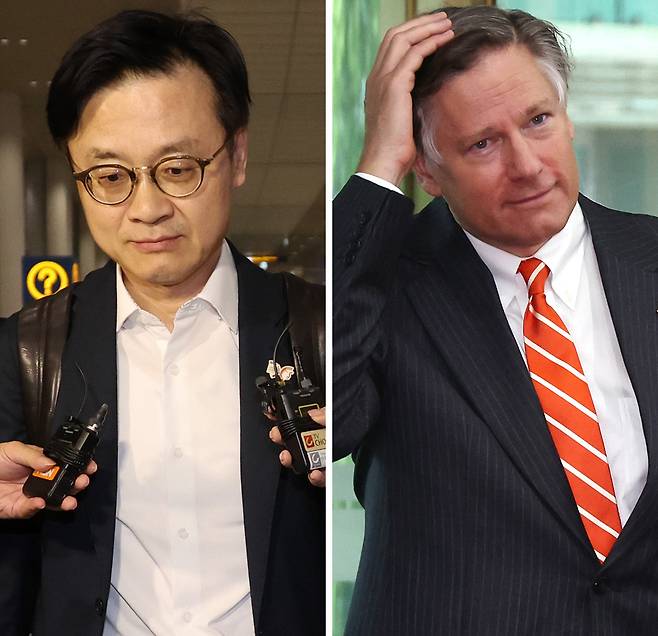 꼬여만 가는 ‘협상’ 한·미 관세협상 관련 후속협의를 위해 미국으로 떠났던 김정관 산업통상자원부 장관이 14일 인천국제공항을 통해 입국하고 있다(왼쪽 사진). 크리스토퍼 랜도 미국 국무부 부장관이 이날 박윤주 외교부 1차관과 회담하기 위해 종로구 정부서울청사 별관으로 들어가고 있다. 연합뉴스