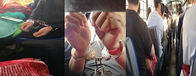 미국 조지아주 배터리 공장 건설 현장에서 일하다 7일간 구금된 근로자들이 케이블타이에 손목이 묶인 채 체포됐다. 사진은 구금 과정에서 수갑과 쇠사슬을 찬 근로자들 모습. 연합뉴스