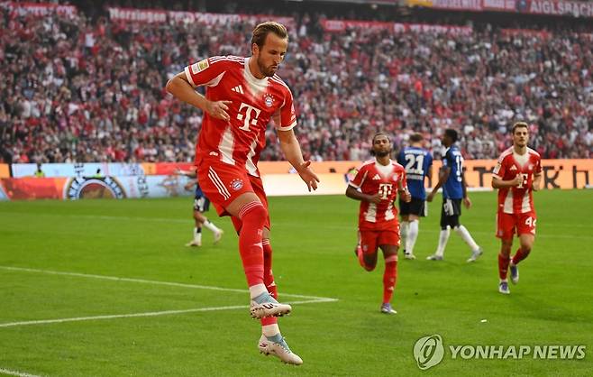 골세리머니를 펼치는 뮌헨의 해리 케인 [로이터=연합뉴스]