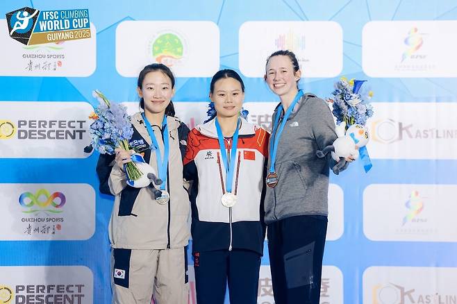 IFSC 월드컵 스피드 여자부에서 준우승한 정지민(맨왼쪽) [대한산악연맹 제공. 재판매 및 DB 금지]