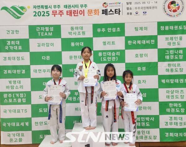 어린이부터 어르신까지 세대를 아우르는 태권도 문화축제 '2025 무주 태린이 문화 페스타' 행사 프로그램 일환으로 14일 열린 '2025 세계어린이태권도연맹컵 전국태권도대회'에 출전한 학생들이 경연을 하고 있다. /사진(무주)=이상완 기자