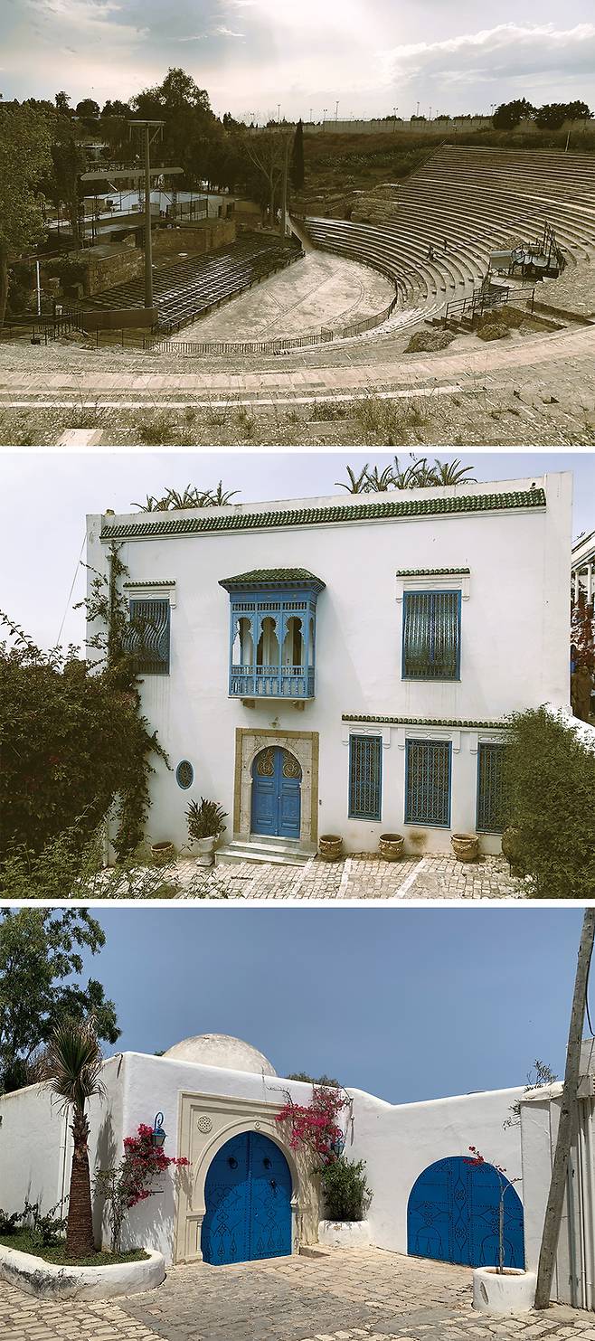 (위로부터)비르사 언덕 북동쪽에 있는 로마 시대 극장, 시디 부 사이드 거리에서 흔히 볼 수 있는 저택의 모습, 파란색과 흰색이 조화를 이루는 시디 부 사이드 거리 풍경