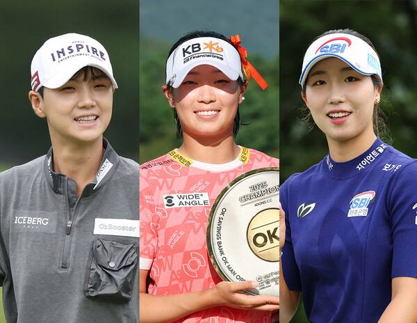 2025년 한국여자프로골프(KLPGA) 투어 OK저축은행 읏맨 오픈에 출전한 박성현, 방신실, 이동은 프로. 우승은 장타자 방신실 프로가 차지했다. 사진제공=KLPGA (사진을 무단으로 사용하지 마십시오.)