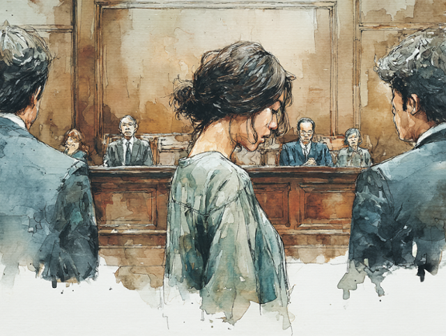 법정에 선 정희씨 모습. 김동욱 기자·미드저니