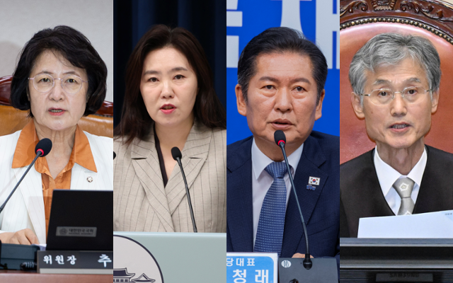 조희대 대법원장을 향한 여권의 사퇴 압박이 거세지고 있다. 사진은 왼쪽부터 추미애 국회 법제사법위원장이 지난달 법제사법위원회 전체 회의에 참석한 모습. 강유정 대통령실 대변인이 15일 오전 서울 용산 대통령실 브리핑룸에서 현안을 설명하는 모습. 정청래 더불어민주당 대표가 15일 국회 최고위원회의에서 발언하는 모습. 조희대 대법원장이 올해 5월 서울 서초구 대법원 대법정에서 선고를 하고 있는 모습. 뉴스1 · 연합뉴스 · 왕태석 선임기자 · 대법원