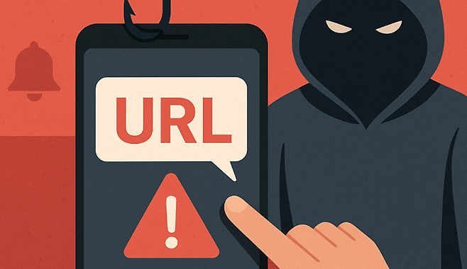 스마트폰에 뜬 ‘URL 경고’ 메시지와 피싱을 상징하는 후드 인물. 소비쿠폰 지급을 앞두고 급증하는 스미싱 위험을 시각화한 이미지.