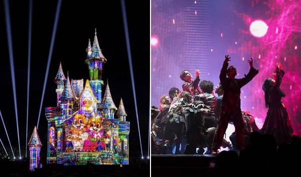 롯데월드 어드벤처 부산이 새롭게 선보이는 멀티미디어 매핑쇼 모습. 로리캐슬을 스크린 삼아 3D 영상을 쏘아올려 환상적인 야경을 선사한다. 오른쪽 사진은 가을 시즌 스테이지 쇼 ‘빅대디 좀비 나이트’ 모습.  롯데월드 어드벤처 부산 제공