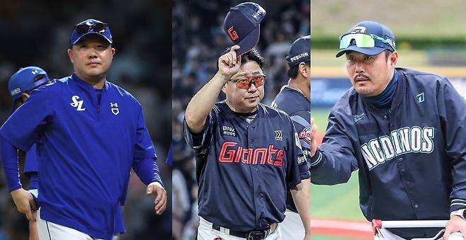왼쪽부터 삼성 라이온즈 박진만 감독과 롯데 자이언츠 김태형 감독, NC 다이노스 이호준 감독. 각 구단 제공
