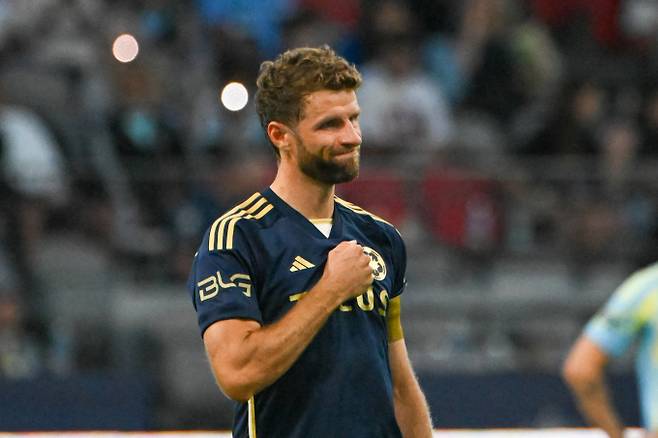 밴쿠버 화이트캡스에서 활약 중인 토마스 뮐러가 미국 무대 첫 해트트릭을 올린 후 재치있는 소감도 전했다. 사진은 밴쿠버에서 활약 중인 뮐러의 모습. /사진=로이터