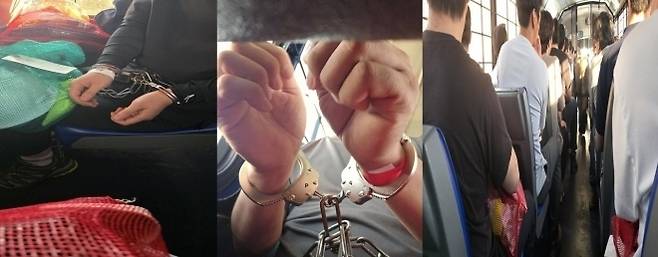 미국 이민당국 단속으로 미국 조지아주 현대차그룹·LG에너지솔루션 배터리 공장 건설 현장에서 지난 4일 체포·구금됐던 근로자들의 손목에 수갑이 채워져 있다(왼쪽·가운데 사진). 오른쪽 사진은 버스를 탄 근로자들이 이동하고 있는 모습.연합뉴스