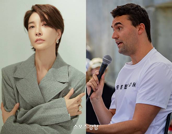 배우 진서연과 지난 10일(현지시간) 총에 맞아 사망한 찰리 커크. 경향신문 자료사진