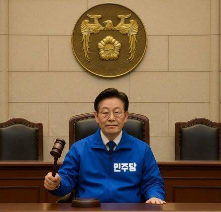 국회를 상징하는 봉황 표장을 배경으로 민주당 점퍼를 입은 채 법봉을 들고 있는 이재명 대통령의 합성 사진 ⓒ이준석 페이스북